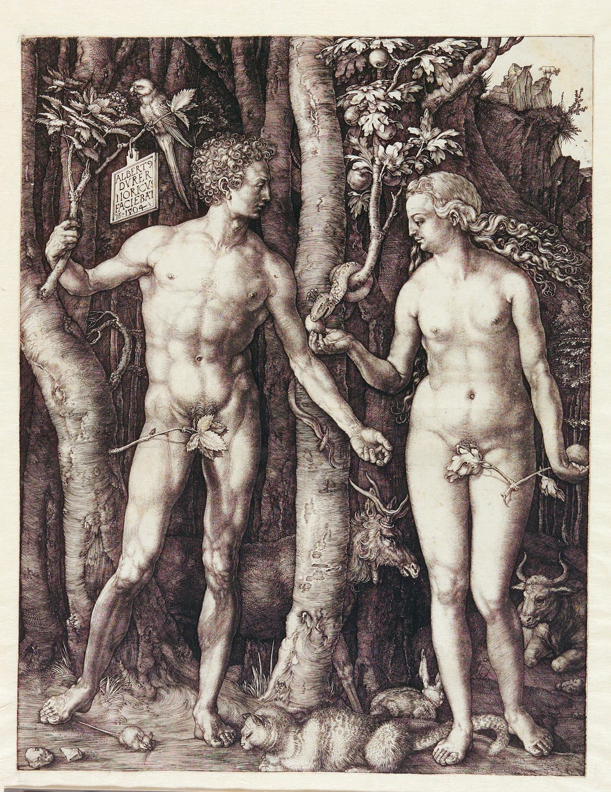 Grafische Darstellung einer Szene mit Adam und Eva und der Schlange im Paradies