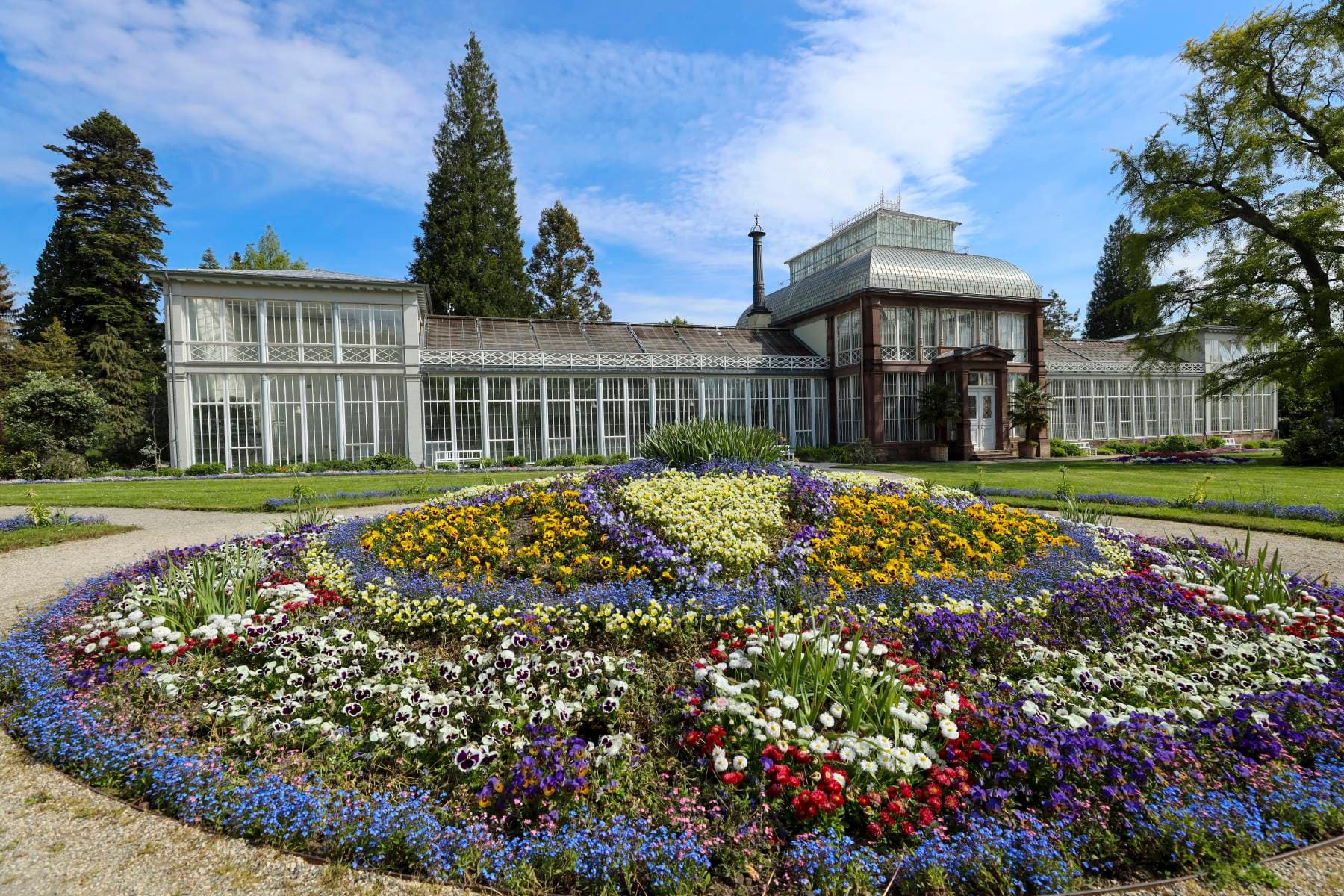 Blick auf das Große Gewächshaus über ein Teppichbeet mit Blumen